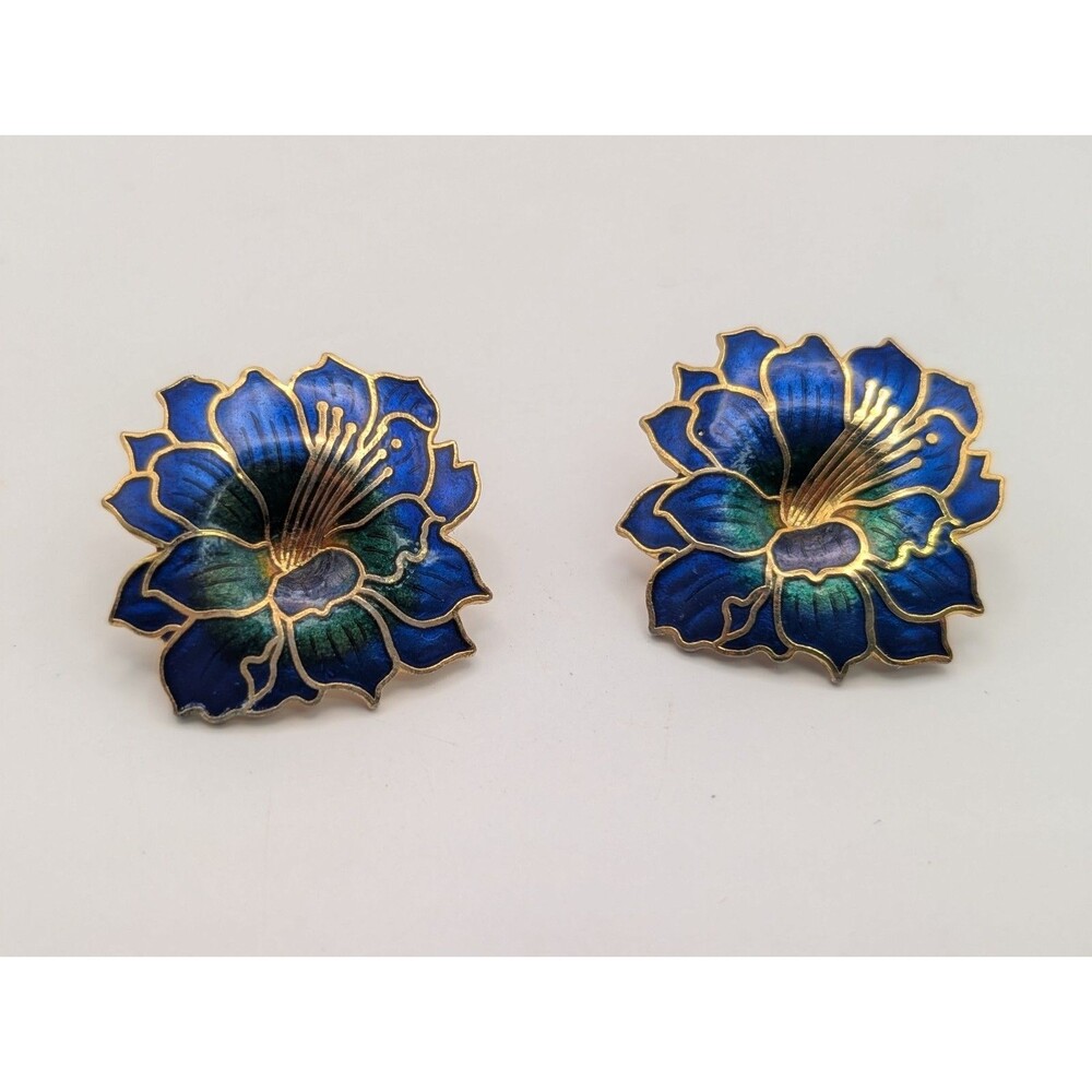 Vtg Cloisonne Enamel Blue Orchid Flower Stud Earrings Gold Plated Chinoiseri